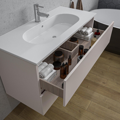 Adema Chaci Ensemble meuble salle de bains - 100x46x57cm - 1 vasque ovale en céramique blanche - 1 trou de robinet - 2 tiroirs - armoire de toilette - Cotton