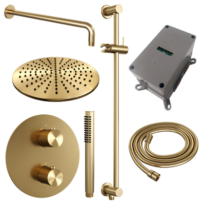 BRAUER Gold Carving douche de pluie encastrée thermostatique - 3 voies - ronde - set 88 - pomme de douche 30cm - bras mural courbé - douchette barre - flexible de douche - barre de douche intégrée - or brossé PVD