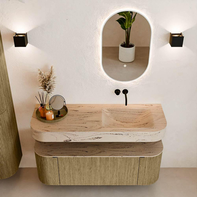 MONDIAZ THOR-DLUX 130cm meuble de salle de bains arrondi gauche + droite couleur Dusk avec 1 tiroir et 2 portes. Vasque suspendue CLOUD Droite sans trou de robinet couleur Arena.