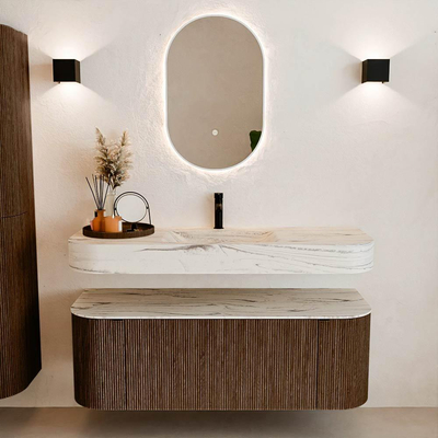 MONDIAZ THOR-DLUX 130cm badmeubel ronding links + rechts kleur Walnut met 1 lade en 2 deuren. Vrijhangende wastafel CLOUD Midden 1 kraangat kleur Nata.