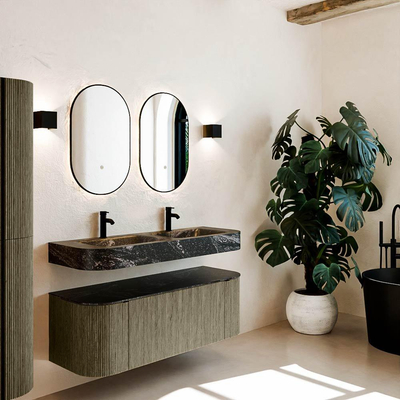 MONDIAZ THOR-DLUX 130cm meuble de salle de bains arrondi gauche + droite couleur Shadow avec 1 tiroir et 2 portes. Vasque suspendue CLOUD Double 2 trous de robinet couleur Lava.