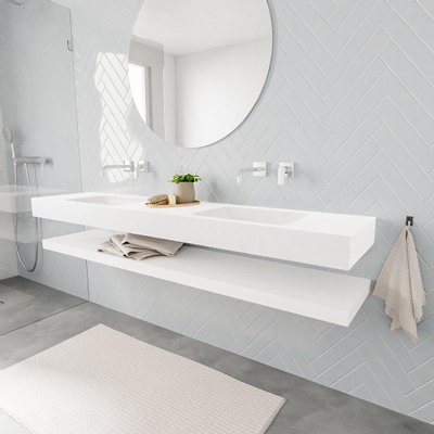 MONDIAZ ALAN 200cm - Ensemble meuble de salle de bains - solid surface - tablette avec lavabo suspendu - 2 bassins - 0 trous de robinet - talc