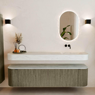 MONDIAZ THOR-DLUX 180cm meuble de salle de bains arrondi gauche + droite couleur Shadow avec 2 tiroirs et 2 portes. Vasque suspendue CLOUD Droite sans trou de robinet couleur Opalo.