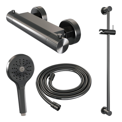 BRAUER Stripe Opbouw Douche Thermostaatkraan - SET 02 - glijstang - 3-standen handdouche - doucheslang - gunmetal geborsteld PVD