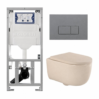 QeramiQ Dely Swirl Toiletset - 36.3x51.7cm - Geberit UP320 inbouwreservoir - met Burda frame - 35mm zitting - bedieningsplaat licht grijs - rechthoekige knoppen - mat beige