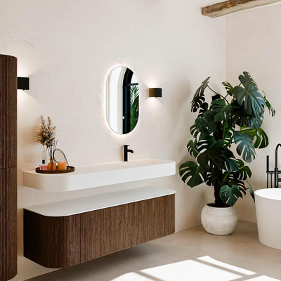 MONDIAZ THOR 150cm meuble de salle de bains arrondi gauche + droite couleur Walnut avec 1 tiroir et 2 portes. Vasque suspendue CLOUD Droite 1 trou de robinet couleur Talc.