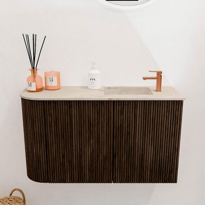 Mondiaz JOYA-DLUX 71.6cm toiletmeubel - ronding links kleur Walnut - Wastafel FAYE positie Rechts 1 kraangat kleur Frappe.
