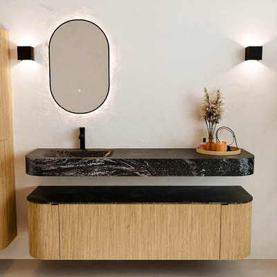 MONDIAZ THOR-DLUX 160cm meuble de salle de bains arrondi gauche + droite couleur Oak avec 1 tiroir et 2 portes. Vasque suspendue CLOUD gauche 1 trou de robinet couleur Lava.