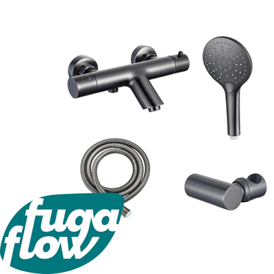 FugaFlow Eccelente Sobrado Badkamer Thermostatische badkraan met ronde handdouche, handdouchehouder en metalen doucheslang Gunmetal PVD