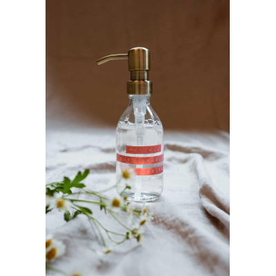 Wellmark savon à main en verre transparent, pompe en laiton 250ml texte "may all your troubles be bubbles" étiquette rose