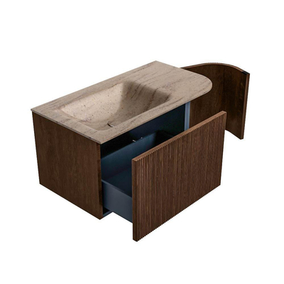 MONDIAZ KURVE-DLUX Meuble de salle de bains 85cm arrondi à droite couleur Walnut avec 1 tiroir et 1 porte. Lavabo CLOUD à gauche sans trou de robinet Saba.