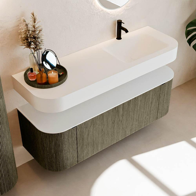 MONDIAZ THOR 140cm meuble de salle de bains arrondi gauche + droite couleur Shadow avec 1 tiroir et 2 portes. Vasque suspendue CLOUD Droite 1 trou de robinet couleur Talc.