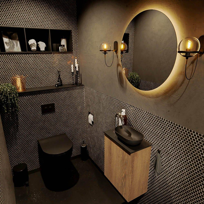 Mondiaz Fowy meuble de toilette - 40x50x23cm - chêne blanchi mat - 1 trou de robinet - lavabo à droite - 1 porte - solid surface - plan Mélamine - lavabo : noir