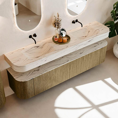 MONDIAZ THOR-DLUX 200cm meuble de salle de bains arrondi gauche + droite couleur Dusk avec 2 tiroirs et 2 portes. Vasque suspendue CLOUD Double sans trou de robinet couleur Nata.