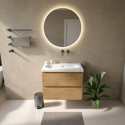 Saniclass Holz Pure Ensemble meuble de salle de bains - 80x45x63.5cm - lavabo Palermo en céramique blanc - 1 vasque - sans trou de robinetterie - 2 tiroirs - chêne naturel mat (bois)