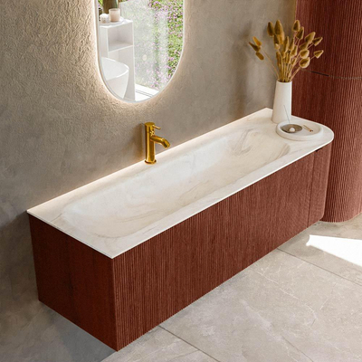 Mondiaz KURVE-DLUX Ensemble de meuble de salle de bains - 145x46x40cm - 1 tiroir - 1 porte - lavabo solid surface - gauche - 1 trou de robinet - Ruby