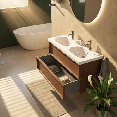 Saniclass Holz Frame Ensemble meuble de salle de bains - 120x45x63.5cm - lavabo en céramique Palermo blanc - 2 vasques - 2 trous de robinetterie - 2 tiroirs - mat walnut pure (bois)