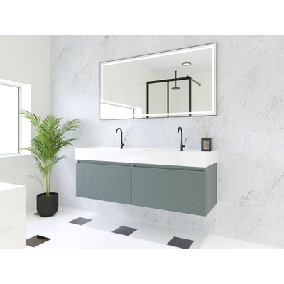 HR Matrix ensemble meuble de salle de bain 3d 140cm 2 tiroirs sans poignée avec bandeau de poignée couleur pétrole mat avec lavabo kube 2 trous de robinetterie blanc