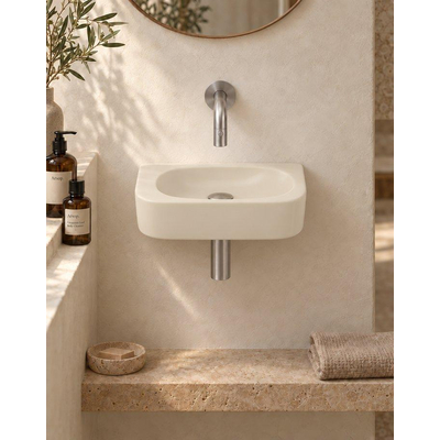 QeramiQ Fuente fonteinset – halfrond – 40x21.5x12 cm – keramiek beige – zonder kraangat – kraan geborsteld RVS