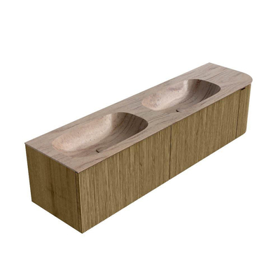 MONDIAZ KURVE-DLUX 175cm meuble de salle de bains avec arrondi à droite couleur Dusk avec 2 tiroirs et 1 porte. Lavabo STOR SMALL Double / Gauche sans trou de robinet Saba.