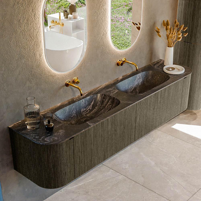 Mondiaz KURVE-DLUX Badkamermeubelset - 200x46x40cm - 2 lade - 2 deuren - wastafel solid surface - dubbel - zonder kraangat - Shadow