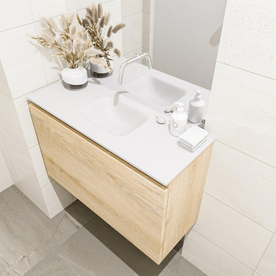 MONDIAZ OLAN Fonteinset - 80x30x40cm - 0 kraangaten - 1 lade - washed oak mat - wasbak midden - Solid Surface Wit