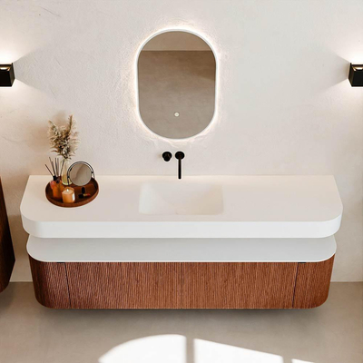 MONDIAZ THOR Meuble de salle de bains 190cm arrondi gauche + droite couleur Ruby avec 2 tiroirs et 2 portes. Vasque suspendue CLOUD Milieu sans trou de robinet couleur Talc.