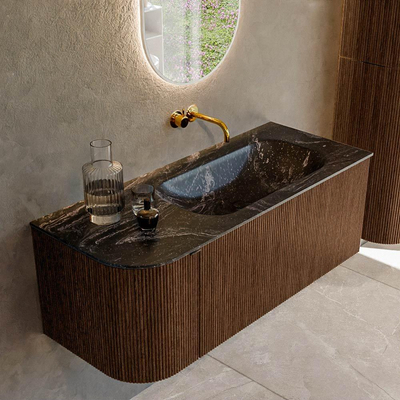 MONDIAZ KURVE-DLUX Meuble de salle de bains 115 cm avec module 25 L couleur Walnut avec 1 tiroir et 1 porte. Lavabo BIG SMALL à droite sans trou de robinet couleur Lava.