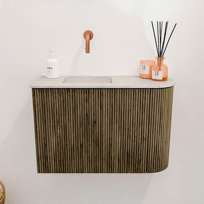 Mondiaz JOYA-DLUX 61.6cm toiletmeubel - ronding rechts kleur Dusk - Wastafel FAYE positie Links Zonder kraangat kleur Ostra.