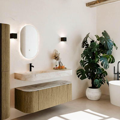 MONDIAZ THOR-DLUX 130cm meuble de salle de bains arrondi gauche + droite couleur Dusk avec 1 tiroir et 2 portes. Vasque suspendue CLOUD gauche 1 trou de robinet couleur Frappe.