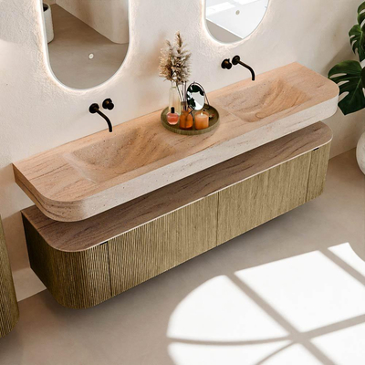 MONDIAZ THOR-DLUX 190cm meuble de salle de bains arrondi gauche + droite couleur Dusk avec 2 tiroirs et 2 portes. Vasque suspendue CLOUD Double sans trou de robinet couleur Saba.