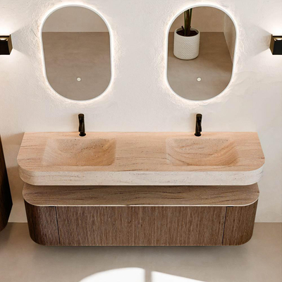 MONDIAZ THOR-DLUX 170cm badmeubel ronding links + rechts kleur Walnut met 1 lade en 2 deuren. Vrijhangende wastafel CLOUD Dubbel 2 kraangaten kleur Saba.