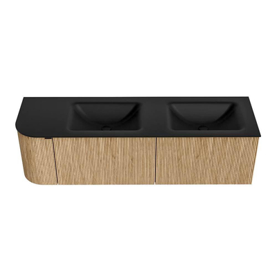 MONDIAZ KURVE 155cm meuble de salle de bains avec module 25 L couleur Oak avec 2 tiroirs et 1 porte. Lavabo CLOUD double / à droite sans trou de robinet Urban.
