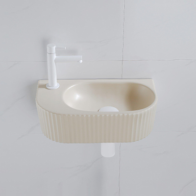 QeramiQ Fuente pack lave-mains – demi-rond – 40 x 21,5 x 12 cm – perçage à gauche – robinet blanc mat – cannelé