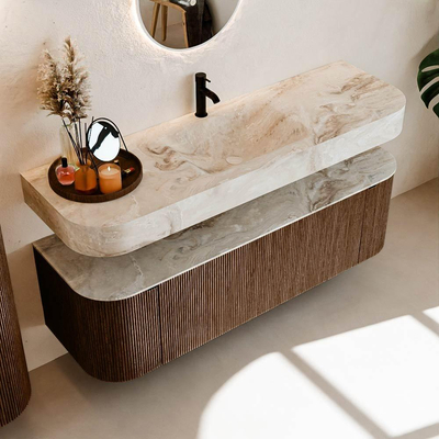 MONDIAZ THOR-DLUX 150cm meuble de salle de bains arrondi gauche + droite couleur Walnut avec 1 tiroir et 2 portes. Vasque suspendue CLOUD Milieu 1 trou de robinet couleur Frappe.