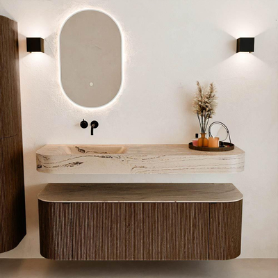 MONDIAZ THOR-DLUX 140cm badmeubel ronding links + rechts kleur Walnut met 1 lade en 2 deuren. Vrijhangende wastafel CLOUD Links zonder kraangat kleur Arena.