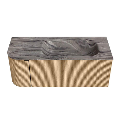 MONDIAZ KURVE-DLUX 115cm badmeubel ronding Links kleur Oak met 1 lade en 1 deur. Wastafel BIG SMALL Rechts 1 kraangat Sombra.
