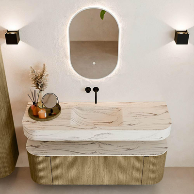 MONDIAZ THOR-DLUX 140cm meuble de salle de bains arrondi gauche + droite couleur Dusk avec 1 tiroir et 2 portes. Vasque suspendue CLOUD Milieu sans trou de robinet couleur Nata.