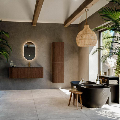 MONDIAZ KURVE 125cm Meuble salle de bain avec module 25 G - couleur Walnut - 1 tiroir - 1 porte - vasque BIG MEDIUM droite - 1 trou de robinet - Urban