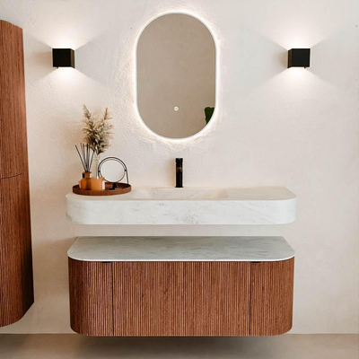 MONDIAZ THOR-DLUX 120cm meuble de salle de bains arrondi gauche + droite couleur Ruby avec 1 tiroir et 2 portes. Vasque suspendue CLOUD Milieu 1 trou de robinet couleur Opalo.