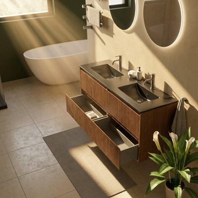 Saniclass Holz Atelier Ensemble meuble de salle de bains - 140x45x62cm - Lavabo Vygo en céramique noir - 2 vasques - 2 trous de robinetterie - 4 tiroirs - walnut pure mat (bois)