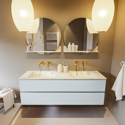 Mondiaz VICA-DLUX ensemble de meuble de salle de bain - 150cm - meuble sous-vasque argile - 2 tiroirs - lavabo encastré nuage double - sans trous de robinet - version haute de 60cm - frape