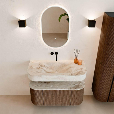 MONDIAZ THOR-DLUX Meuble de salle de bains 100cm arrondi gauche + droite couleur Walnut avec 1 tiroir et 2 portes. Vasque suspendue CLOUD Centre sans trou de robinet couleur Frappe.