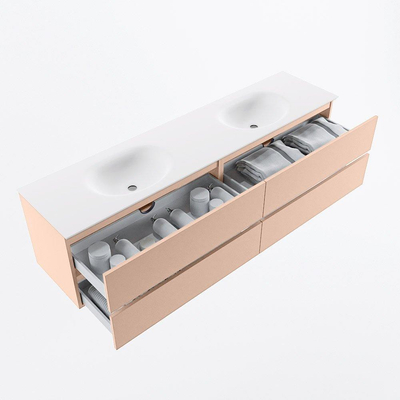 MONDIAZ Vica Ensemble meuble de salle de bains - 190cm - meuble sous-vasque rosee - 4 tiroirs - lavabo moon double - 2 trous de robinet - version haute 60cm - talc