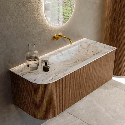 MONDIAZ KURVE-DLUX 115cm Meuble salle de bain avec module 25 G - couleur Walnut - 1 tiroir - 1 porte - vasque BIG SMALL droite - sans trou de robinet - couleur Glace