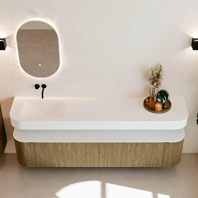 MONDIAZ THOR Meuble de salle de bains 200cm arrondi gauche + droite couleur Dusk avec 2 tiroirs et 2 portes. Vasque suspendue CLOUD Gauche sans trou de robinet couleur Talc.