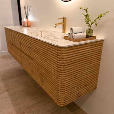 Mondiaz CIRO-DLUX Ensemble de meubles de salle de bains - 190x45x50cm - Vasque en solid surface Glace - 1 lavabo à droite - 1 trou de robinet - 4 tiroirs - Chêne