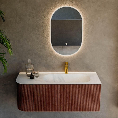 Mondiaz KURVE Ensemble meuble de salle de bains - 115x46x40cm - 1 tiroir - 1 porte - lavabo solid surface - droite - 1 trou de robinet - Ruby