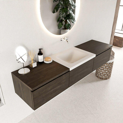 MONDIAZ BUKLA 180cm meuble de salle de bain avec module 60 couleur Marron Foncé avec 3 tiroirs. Lavabo CLOUD milieu 0 trous de robinet couleur Talc.
