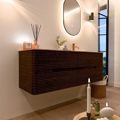 Mondiaz CIRO-DLUX Badkamermeubelset - 140x45x50cm - Solid surface wastafel Saba - 1 wasbak Rechts - 1 kraangat - 4 lades - Walnut